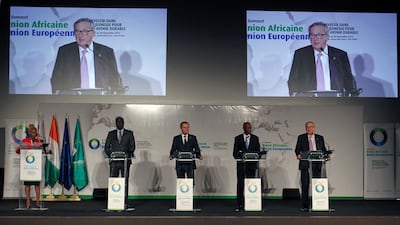 President of the European Commission Jean-Claude Juncker talks next to Guinea's President and President of the African Union Alpha Conde, European Council President Donald Tusk and African Union Commission President Moussa Faki Mahamat during a news conference at the closing session of the 5th African Union - European Union Summit. EUTERS/Luc Gnago
