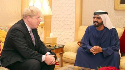April: UAE Vice President and Prime Minister and Ruler of Dubai Sheikh Mohammed bin Rashid (R) talking with Mayor of London Boris Johnson. EPA /Wam