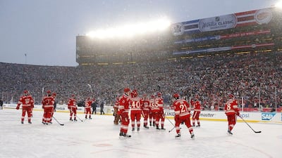 Detroit Red Wings salute the fans after losing 3-2 to the Toronto Maple Leafs during the NHL Winter Classic at Michigan Stadium on Wednesday in Ann Arbor, Michigan. Gregory Shamus/Getty Images