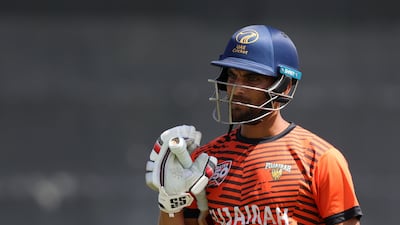 Sohaib Khan bats during an Emirates D50 match between Emirates Blues and Fujairah at the ICC Academy in Dubai. Chris Whiteoak / The National