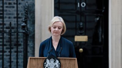 Ms Truss delivers her resignation speech at Downing Street in October 2022, after just 44 days in office