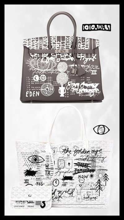 Coreaux's bags feature a mix of doodle-style drawings in a contrast of fine and bold strokes, interlaced with script. Courtesy Oliver Coreaux