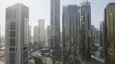 Rents for one-bedroom flats in Jumeirah Lakes Towers were subject to some of the biggest falls, slipping by 16.6 per cent to Dh75,000. Sarah Dea / The National
