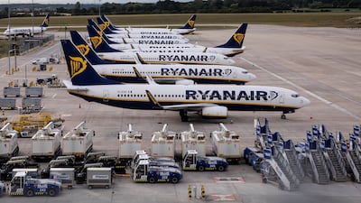 Grounded Ryanair planes at Stansted Airport in the UK. Getty