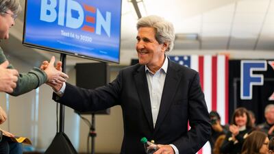 Former secretary of state John Kerry campaigns on behalf of now President-elect Joe Biden in North Liberty, Iowa, USA. EPA/