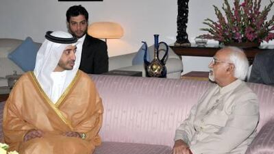 Sheikh Abdullah bin Zayed meets the vice-president of India, Mohammed Hamid Ansari. Courtesy of WAM