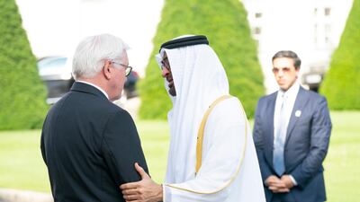 Sheikh Mohamed bin Zayed is received by Mr Steinmeier at the Bellevue Palace.Ministry of Presidential Affairs