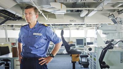Royal Navy Commodore, Paddy McAlpine, on the bridge of the HMS Bullwark. Commodore McAlpine praised the UAE’s effective planning for the exercises which will involve amphibious landings. Razan Alzayani / The National