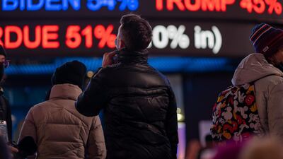 People gather in Times Square as they await election results on November 3, 2020 in New York City. Getty