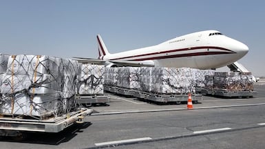 A plane carrying 100 tonnes of aid left Ras Al Khaimah for Gaza under Operation Gallant Knight 3. Photo: Wam