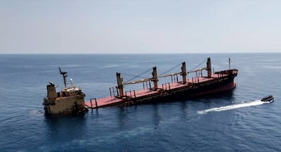 A British-registered cargo vessel, Rubymar, after being damaged by a Houthi missile attack in the Red Sea earlier this year. EPA