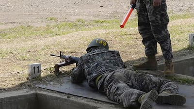 Son Heung-min takes part in shooting drill at a Marine Corps boot camp in Seogwipo on Jeju Island.