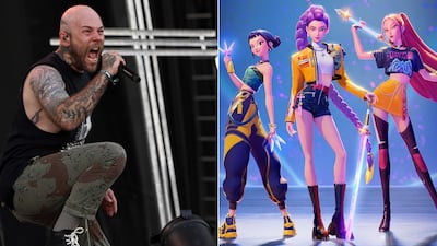 Ryan Clark of the band Demon Hunter, left, and a still from KPop Demon Hunters. Photo: Getty Images / Sony Pictures Animation