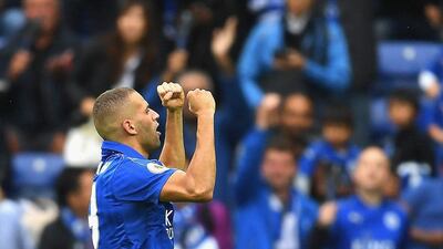 Islam Slimani of Leicester City celebrates scoring his side’s second goal. Laurence Griffiths / Getty Images
