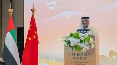 Sheikh Saud bin Saqr Al Qasimi, Ruler of Ras Al Khaimah, speaks in Shenzhen, south-east China. Wam