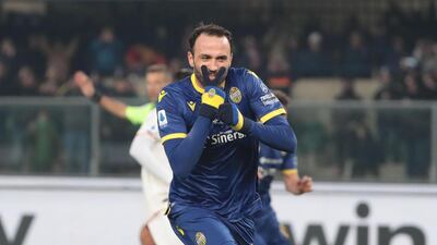 Verona's Giampaolo Pazzini is jubilant after scoring the penalty winner against Juve. EPA