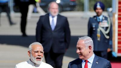 Israeli prime minister Benjamin Netanyahu welcomes Indian prime minister Narendra Modi during an official welcoming ceremony upon his arrival in Israel at Ben Gurion Airport, near Tel Aviv, Israel July 4, 2017. REUTERS/Ammar Awad