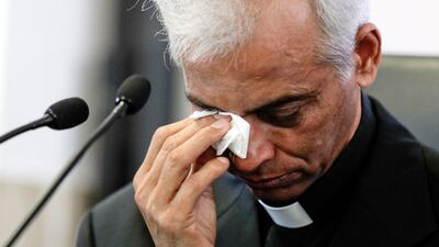 Father Tom Uzhunnalil wipes away tears as he speaks during a press conference in Rome on September 16, 2017 about his recent release by Yemeni militants. Andrew Medichini / AP Photo