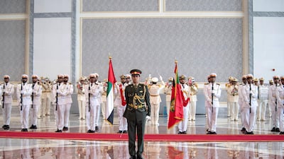 ABU DHABI, UNITED ARAB EMIRATES - July 19, 2018: Members of the UAE Armed Forces Honour Guard, stand at attention, during a reception held at the Presidential Airport. ( Saeed Al Neyadi / Crown Prince Court - Abu Dhabi ) ---