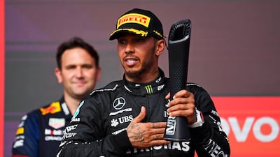 Lewis Hamilton on the podium after finishing second at the United States Grand Prix, before the Mercedes driver was disqualified hours later. Getty