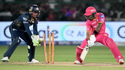 Rajasthan Royals' Dhruv Jurel is clean bowled during their match against Gujarat Titans. AFP
