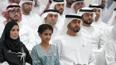 Sheikh Mohammed bin Zayed attends a lecture by Razan Al Mubarak at Majlis Mohammed bin Zayed. Seen with Sheikha Salama bint Mohamed and Dr Amal Al Qubaisi. Mohamed Al Hammadi / Crown Prince Court - Abu Dhabi