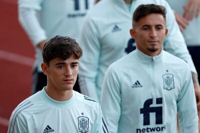 Gavi, left, and Yeremi Pino attend a training session at Ciudad del Futbol de Las Rozas in Madrid. EPA