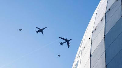 An American B-1B Lancer and B-52H Stratofortress, escorted by Swedish Gripen fighter aircraft, fly over Stockholm. AFP