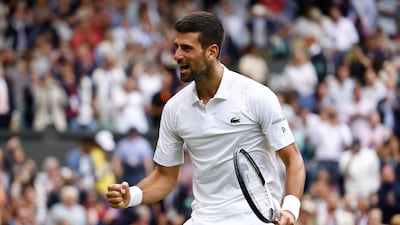 Novak Djokovic celebrates after beating Andrey Rublev in their quarter-final at Wimbledon on July 11, 2023. EPA