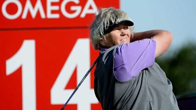Laura Davies of England tees off at the 14th hole during the second round of the Omega Dubai Ladies Masters golf tournament in Dubai, UAE, Thursday, Dec. 10, 2015. (AP Photo/Martin Dokoupil)