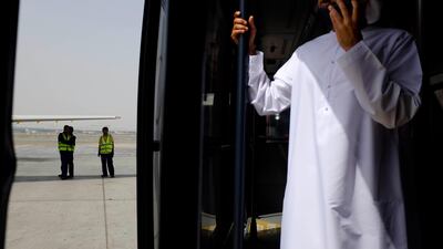 Thamer Al Subaihi on the shuttle bus after exiting the new Rotana Jet after landing in Dubai International Airport. The carrier has started operating commuter flight daily between Abu Dhabi and Dubai.