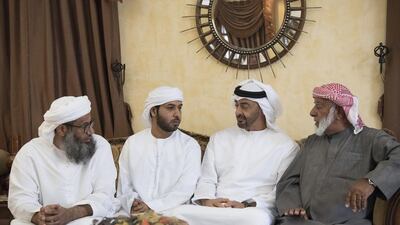 Sheikh Mohammed bin Zayed, Crown Prince of Abu Dhabi and Deputy Supreme Commander of the Armed Forces, offers condolences to the family of Juma Al Kaabi, the UAE Ambassador to Afghanistan who died from injuries sustained in the Kandahar terrorist attack. Hamad Al Kaabi / Crown Prince Court - Abu Dhabi