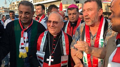 Cardinal Louis Raphael I Sako, patriarch of the Chaldean Catholic Church, visits Tahrir Square in Baghdad. AP