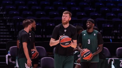 Dubai Basketball's Davis Bertans, centre, during a practice session at Coca-Cola Arena ahead of the EuroLeague opener against Real Madrid. Antonie Robertson / The National