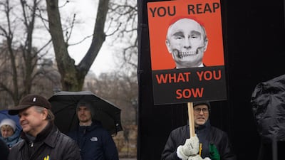 A protest in Riga, Latvia, against Russian President Vladimir Putin and his country’s invasion of Ukraine. Bloomberg