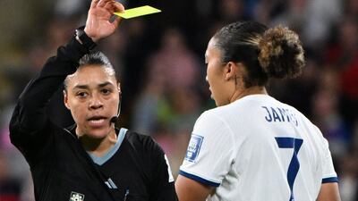 England's Lauren James is sent off after being shown a second yellow card by referee Melissa Borjas. Reuters