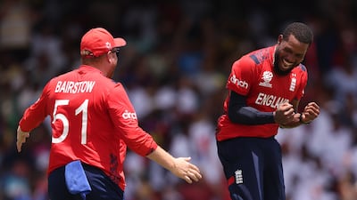 England bowler Chris Jordan celebrates the wicket of Saurabh Netravalkar of the USA to complete his hat trick. Getty Images