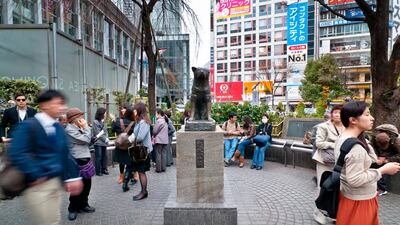 Pedestrians pass the Hachiko Statue, a popular meeting place outside Shibuya Station, in Tokyo. Keith Tsuji / Getty Images