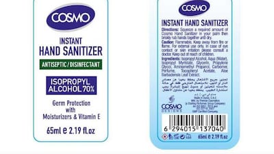 Cosmo was one of the four hand sanitisers that has been taken off supermarket shelves. Courtesy Dubai Municipality