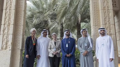 Sheikh Mohammed bin Rashid and Sheikh Mohammed bin Zayed stand for a group photograph in front of a replica of the ancient Tadmur Gate artefact, during the World Government Summit. With them are Sheikh Hamdan bin Mohammed, Crown Prince of Dubai, Sheikh Mansour bin Zayed, Deputy Prime Minister and Minister of Presidential Affairs, Irina Bokova, Director General of Unesco, and Christine Lagarde, managing director of the International Monetary Fund. Mohamed Al Hammadi / Crown Prince Court - Abu Dhabi