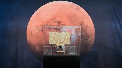 The MarCo, one of two CubeSats launched and following the InSight, marking the first time this kind of spacecraft has flown into deep space, on display at the NASA Jet Propulsion Laboratory (JPL) in Pasadena, California. AFP