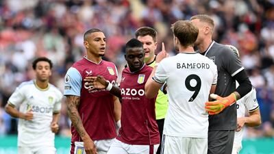 Diego Carlos of Aston Villa and Patrick Bamford of Leeds are involved in an altercation. Getty
