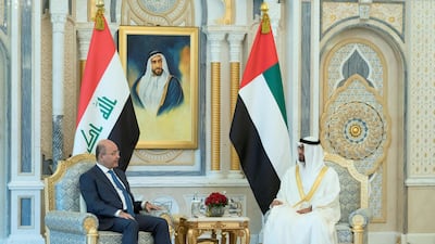 Sheikh Mohamed bin Zayed meets with Dr Barham Salih, President of Iraq, at the Presidential Palace on November 12, 2019. Mohamed Al Hammadi / Ministry of Presidential Affairs