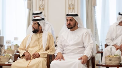 Sheikh Hamdan bin Zayed, Ruler’s Representative in Al Dhafra Region, and Sheikh Tahnoun bin Mohammed, Ruler's Representative in Al Ain Region, attend the Sea Palace barza.