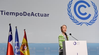 Swedish climate activist Greta Thunberg gives a speech during a high-level event on climate emergency during the UN Climate Change Conference in Madrid. AFP