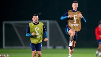 Croatia's Mateo Kovacic, left, and Ivan Perisic during a training session. PA