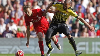 Liverpool’s Lucas Leiva in action with Watford’s Adlene Guedioura. Carl Recine / Action Images / Reuters