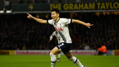 WATFORD, ENGLAND - DECEMBER 28: Son Heung-min of Tottenham Hotspur celebrates scoring his team's second goal during the Barclays Premier League match between Watford and Tottenham Hotspur at Vicarage Road on December 28, 2015 in Watford, England. (Photo by Richard Heathcote/Getty Images)