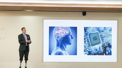Professor Hugh Herr delivers a lecture titled ‘The New Era of Extreme Bionics’, at the Majlis. Mohamed Al Hammadi / Crown Prince Court - Abu Dhabi