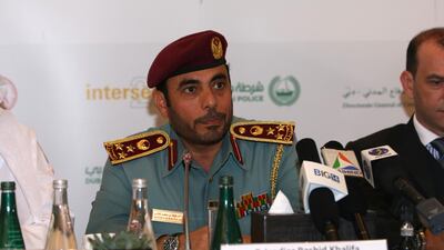 Brig. Rashid Khalifa Buflasa, director general for fire and rescue at Dubai Civil Defence, speaks at the Intersec 2018 press conference. Navin Khianey / The National